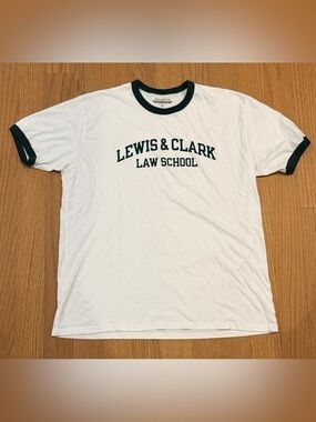 Lewis & Clark Law School White Ringer Tee navy trim & lettering